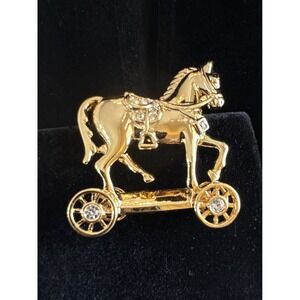 Avon Smithsonian Brooch Gold Tone Clear Rhinestone Wheels Equestrian HorseEquine